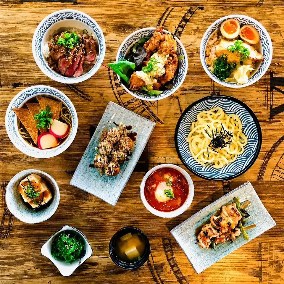 木桌上摆满丼饭、乌冬、章鱼烧等日式菜品